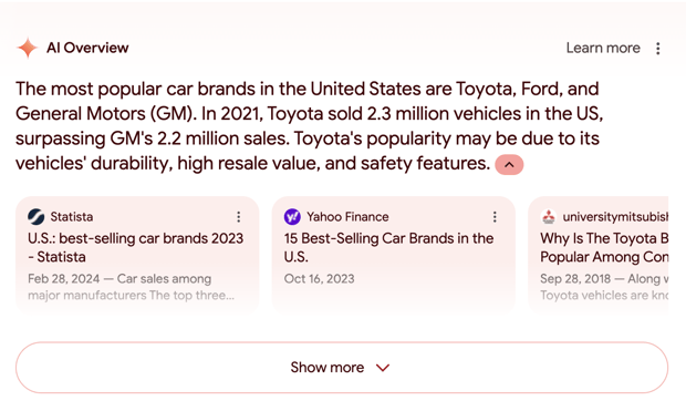 Google AI Overview Popular Car Brand